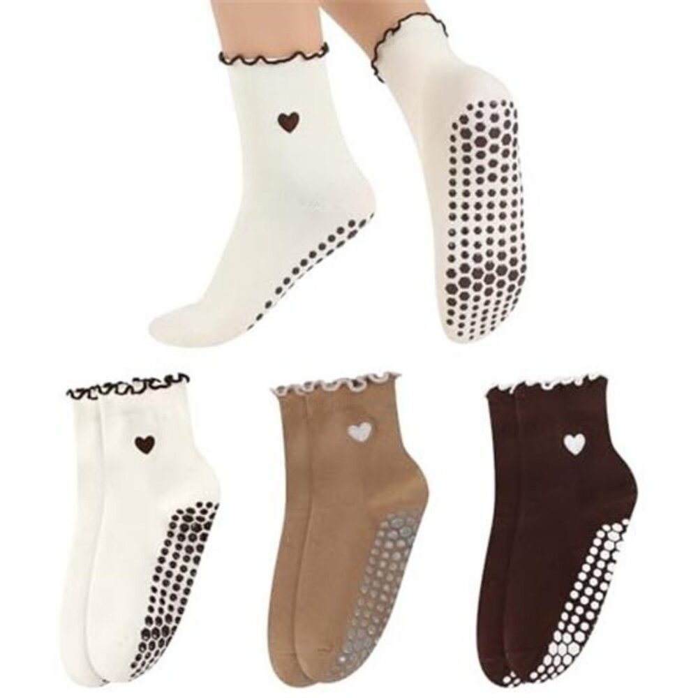 3 Pairs Cute Pilates Socks with Grips for Women Cotton Ruffle Non Slip Yoga Grip